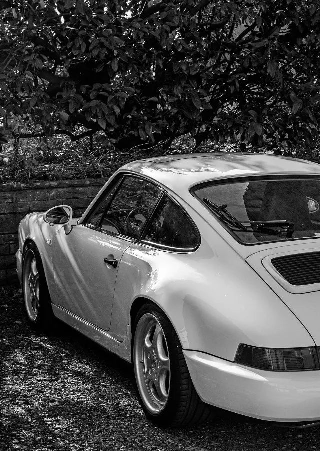 Une photo noir et blanc d'une voiture de sport argentée garée devant une végétation dense.