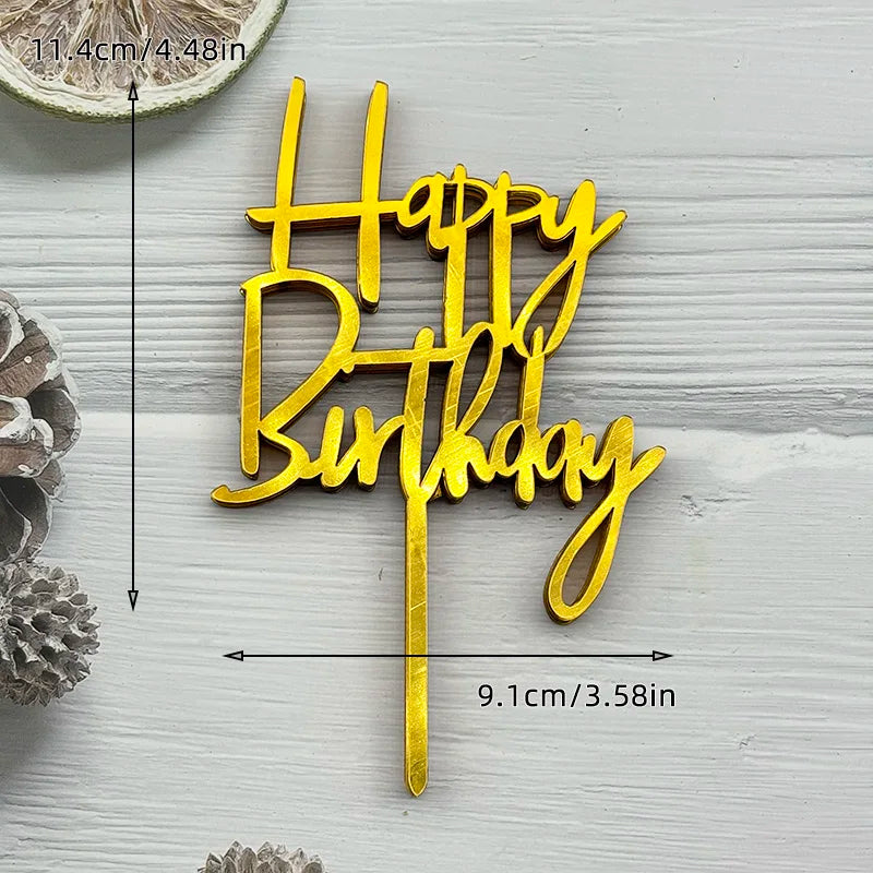 Gold acrylic birthday cake topper set spelling out Happy Birthday