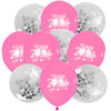 A pack of 10 latex confetti balloons in pink and silver with 'Team Bride' text.