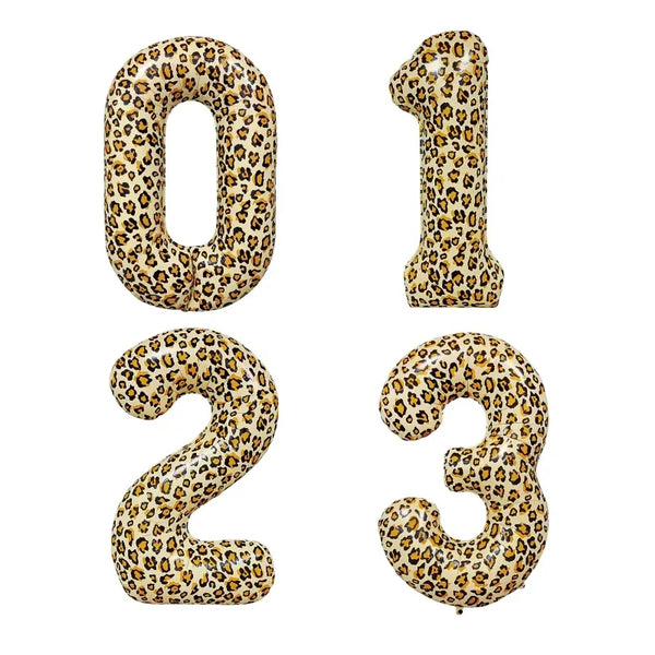 Three leopard print number balloons spelling 0123 for a birthday party