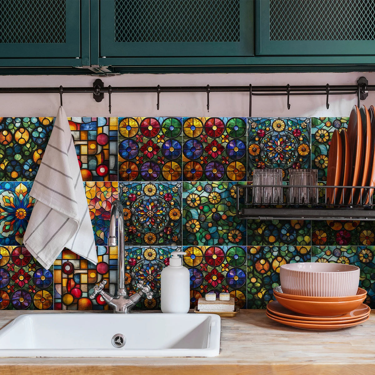 A kitchen backsplash featuring colorful mosaic tiles, a white sink, and dark green cabinetry.