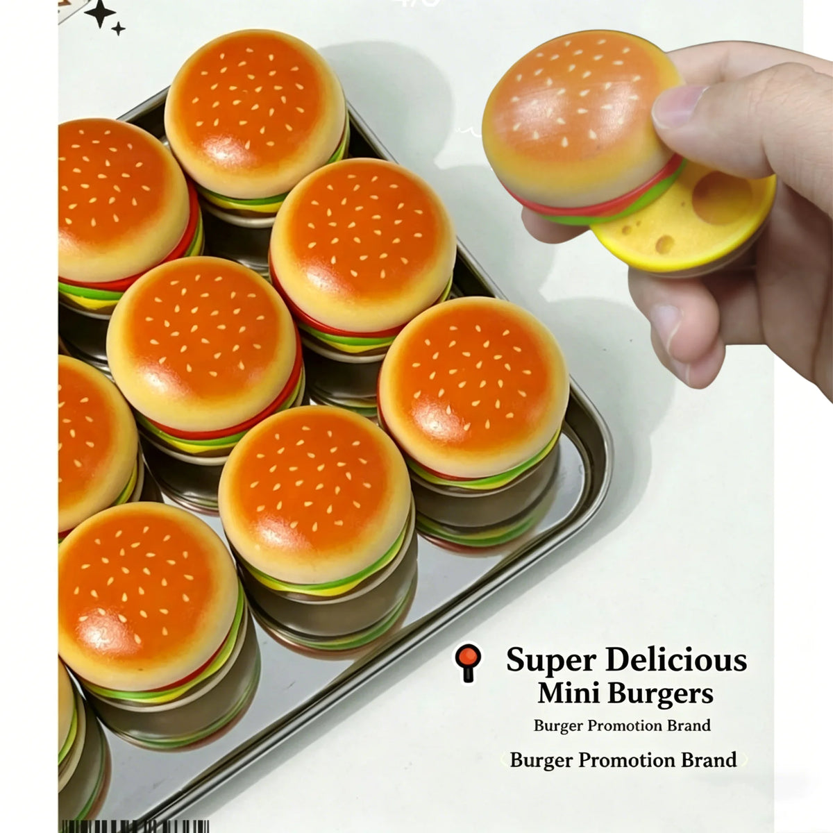 A hand holds a mini burger with a top that is magnetic and designed as a fidget slider toy.