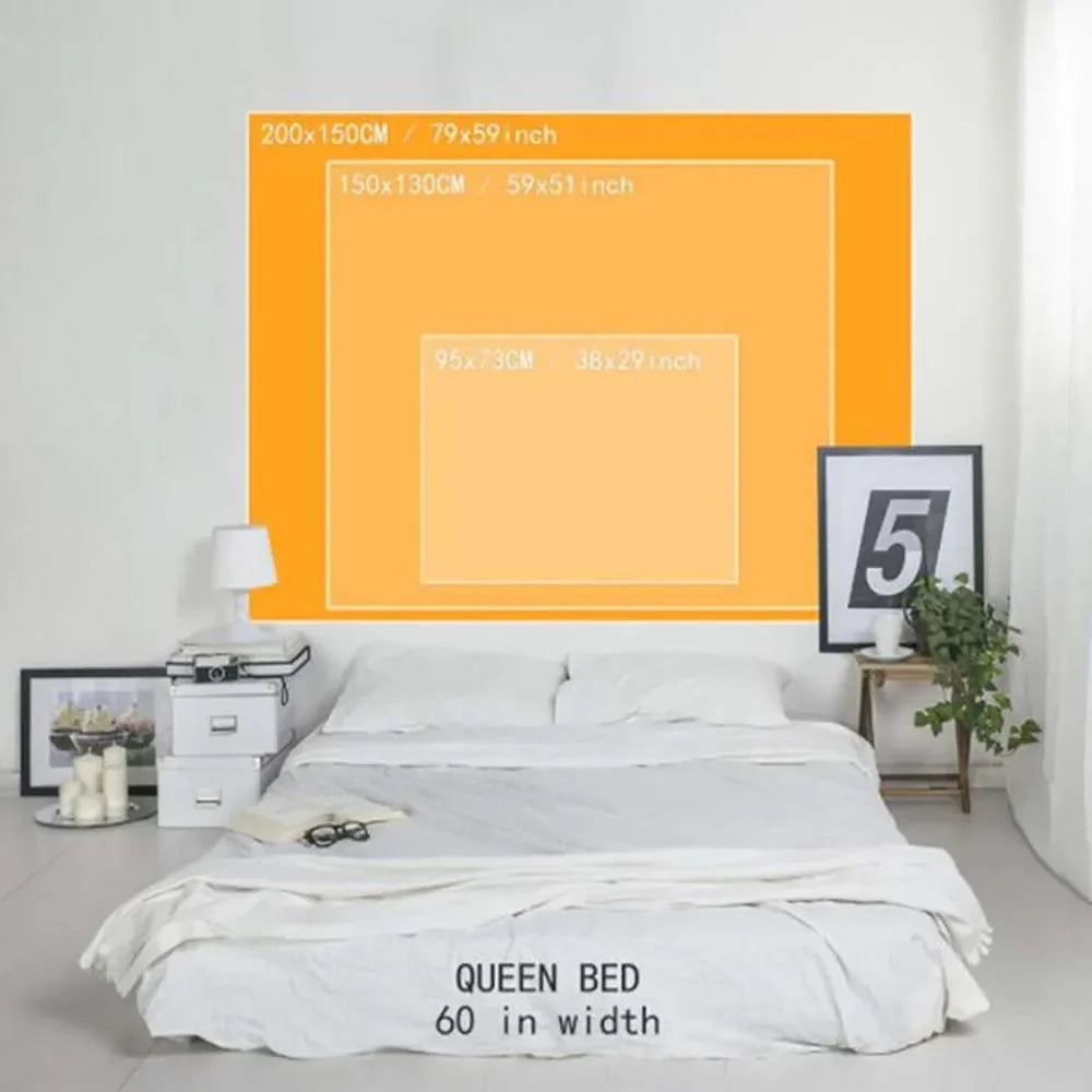 A white queen bed with white bedding is shown in a bright room.