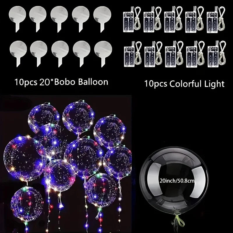 A collection of 10 pieces of colorful LED light balloons and one 20-inch glossy balloon for party decoration