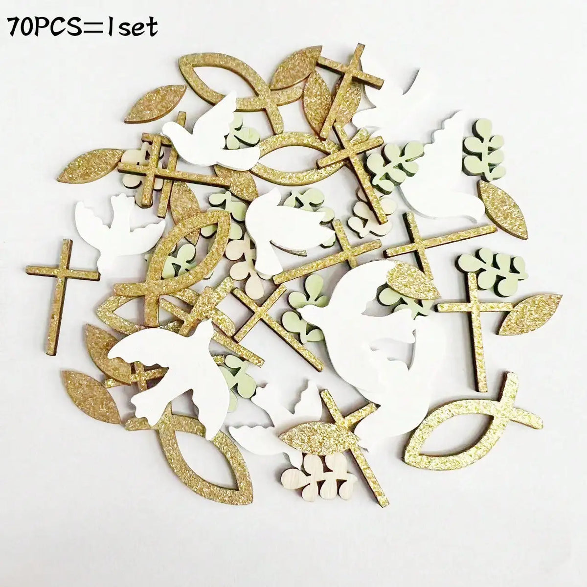 A set of 70 pieces of gold and white die-cut shapes for faith and celebration party decor