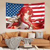 A decorative tapestry wall hanging featuring a vibrant anime-style character with long red hair and armor against an American