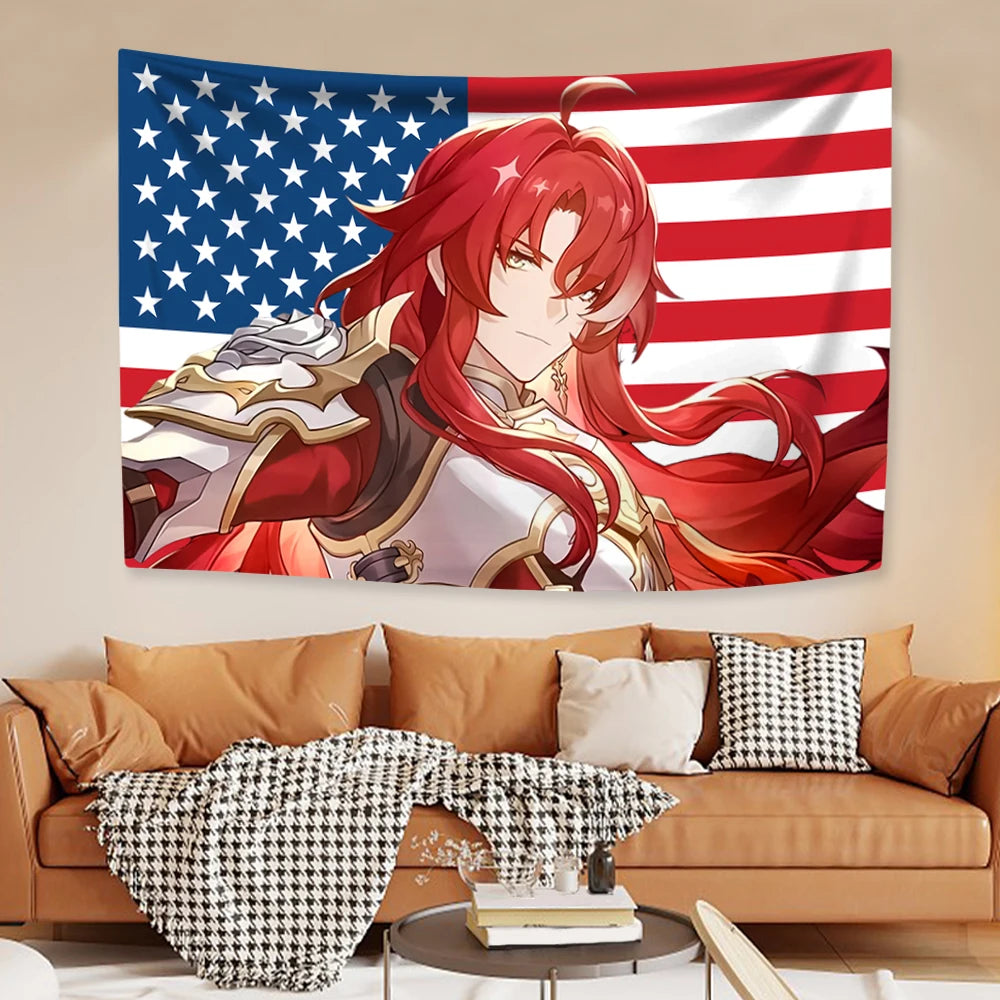 A decorative tapestry wall hanging featuring a vibrant anime-style character with long red hair and armor against an American