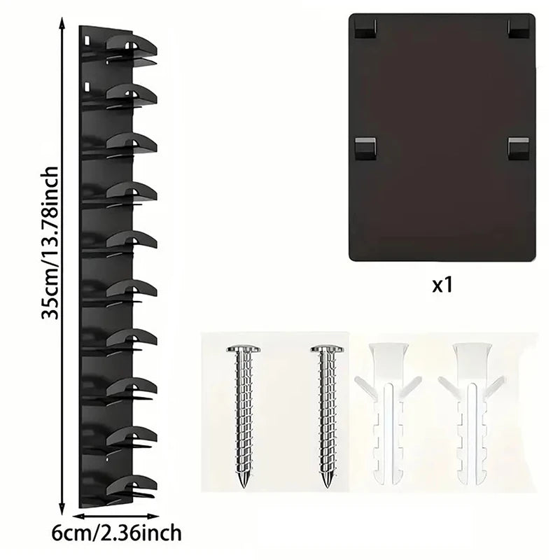 Black wall mounted hat storage organizer with multiple hooks and mounting plates