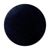 A round pom pom made of dark blue faux fur with a silver chain.