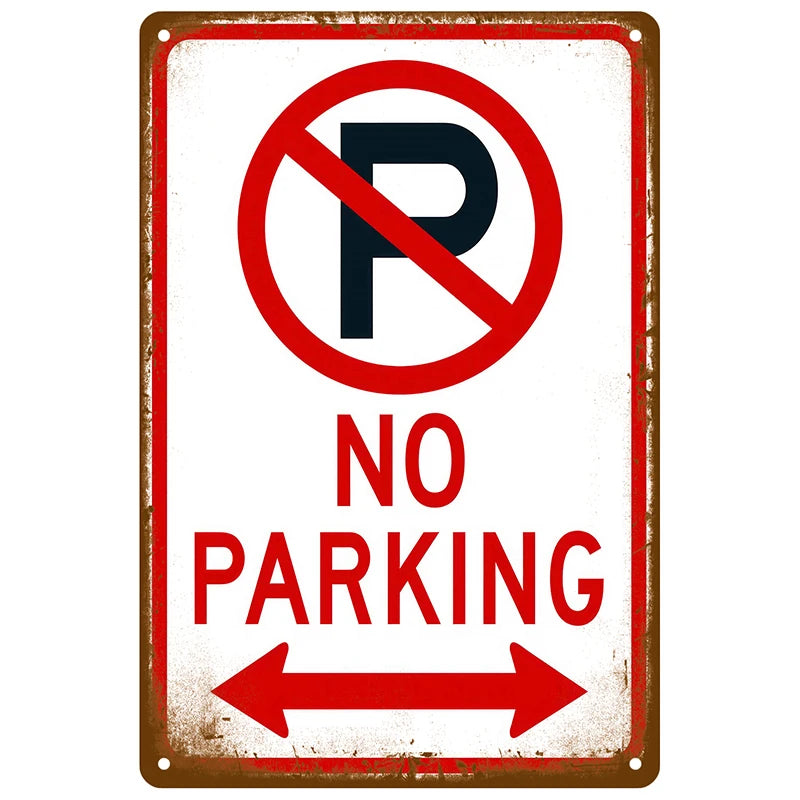A vintage metal sign with a red circle and diagonal line over the letter P and the text NO PARKING on a white background.