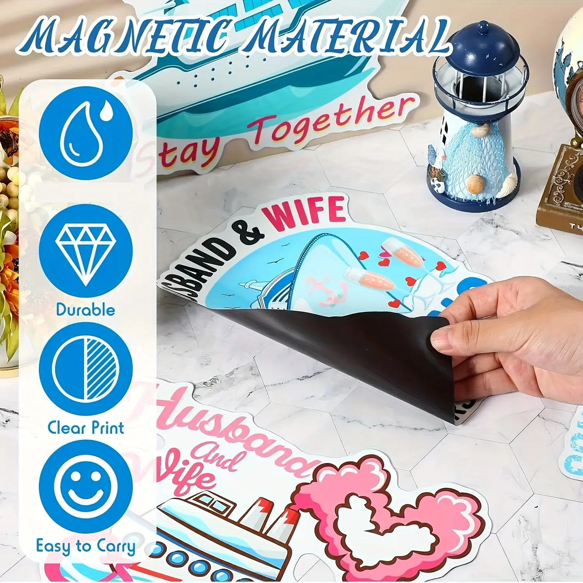 A set of magnetic cruise door decorations featuring a couple design and various clear prints for couples