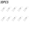 Ten mini clear plastic spring clips used for holding photos, papers, and crafts.