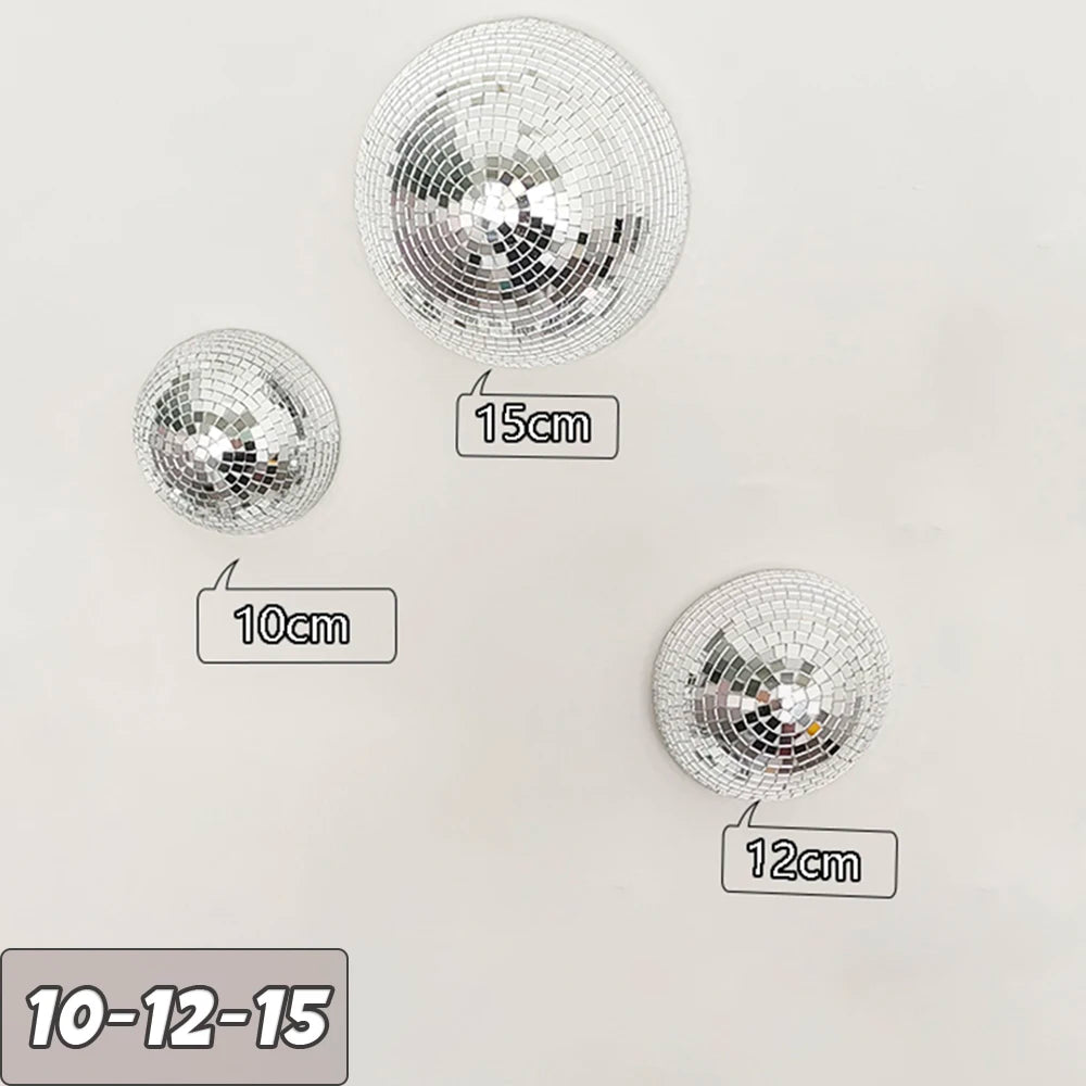 Three silver disco balls of different sizes are shown against a white background with dimension labels.