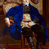 A portrait of an elderly man with a white beard wearing dark clothing and a vibrant blue cloak, seated on a chair.