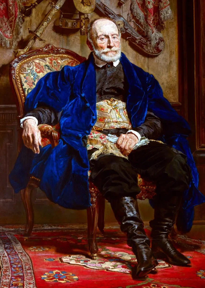 A portrait of an elderly man with a white beard wearing dark clothing and a vibrant blue cloak, seated on a chair.