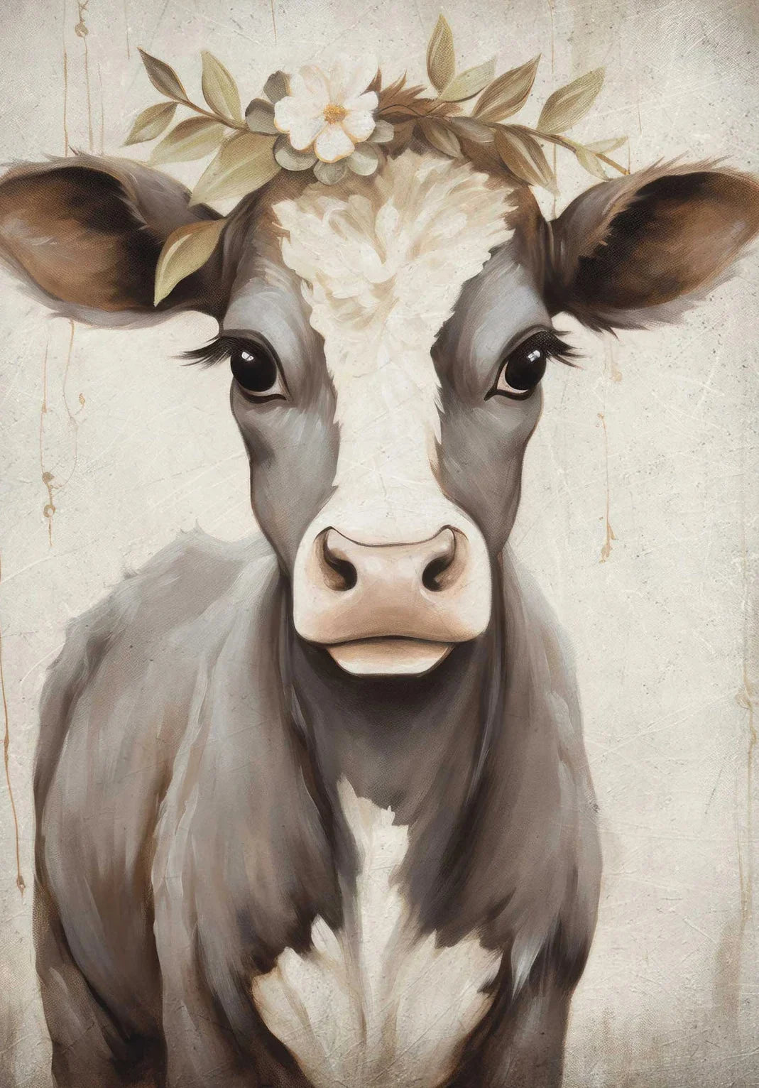 A close-up painting of a Highland cow's head with brown fur and white markings, adorned with a floral wreath.