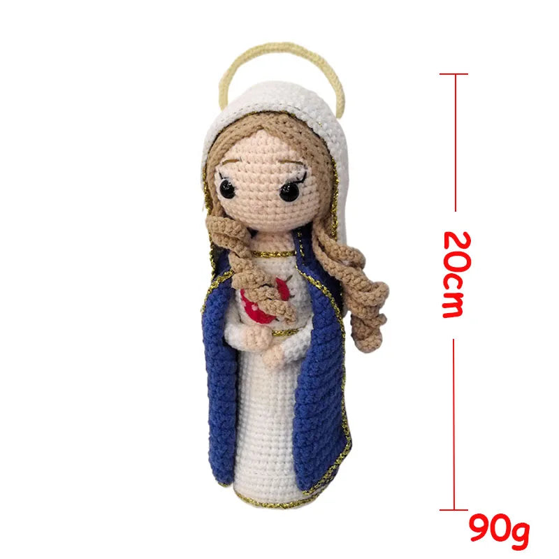 Handcrafted Virgin Mary crochet doll with a white veil and blue robe