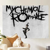 A poster featuring the My Chemical Romance band logo and a silhouette of a figure in a leather jacket.