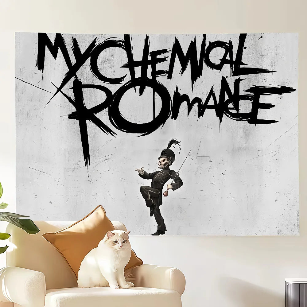 A poster featuring the My Chemical Romance band logo and a silhouette of a figure in a leather jacket.