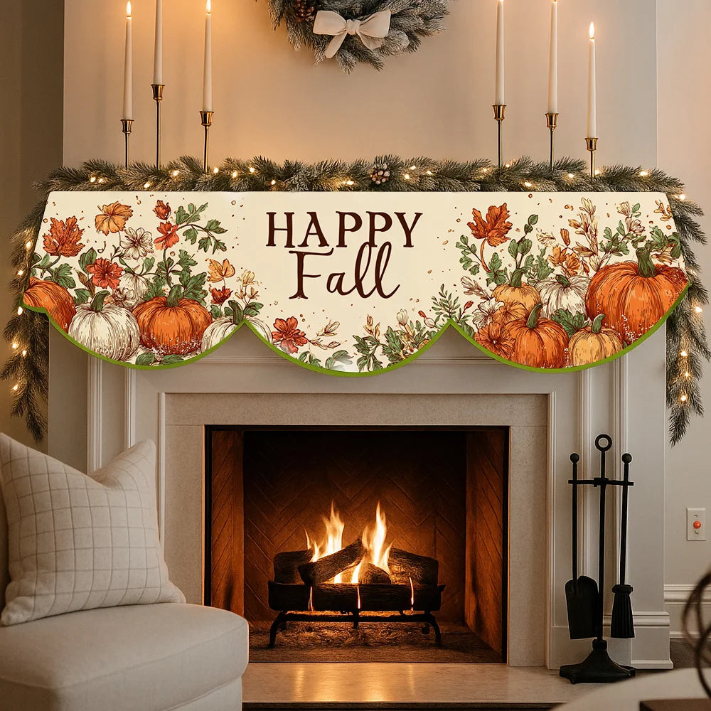 Autumn harvest fireplace mantel scarf featuring maple leaves and pumpkins above a roaring fire.