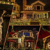 A festive outdoor scene featuring illuminated architectural details and decorative string lights.