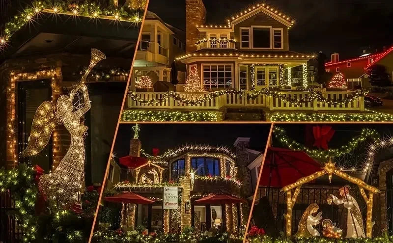 A festive outdoor scene featuring illuminated architectural details and decorative string lights.