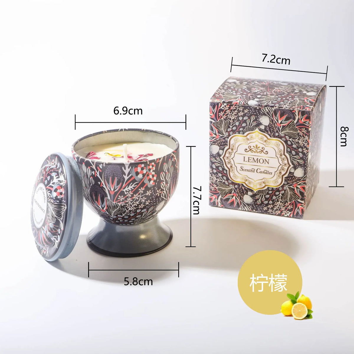 A gift set of soy wax aromatherapy candles in a decorative tin box and glass holder.