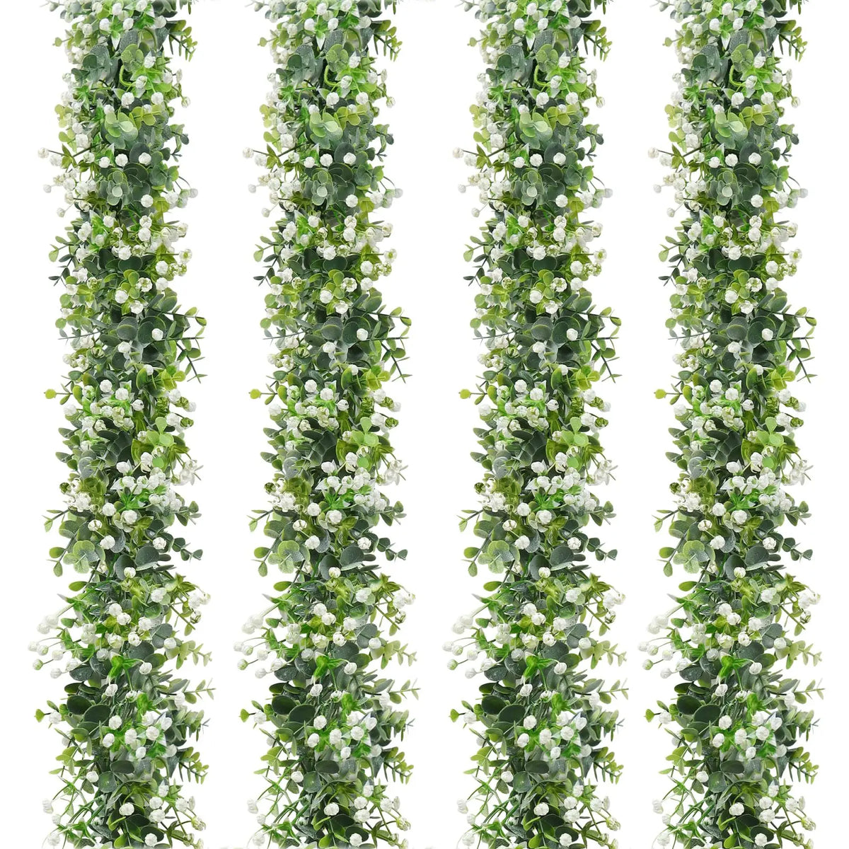 A vertical display of an artificial eucalyptus vine garland featuring green leaves and white flowers.