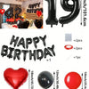 A set of red and black foil number balloons, heart shaped balloons, and round balloons for birthday decorations.