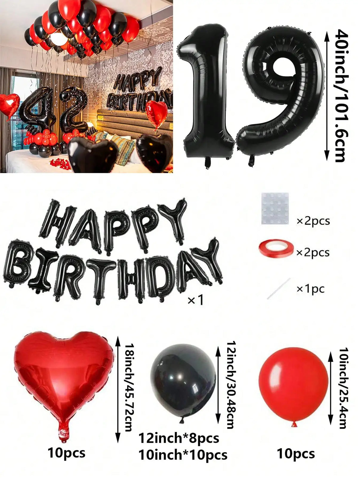 A set of red and black foil number balloons, heart shaped balloons, and round balloons for birthday decorations.