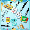 A set of six lanyards featuring various pass cards including a hall pass, restroom pass, and library pass.