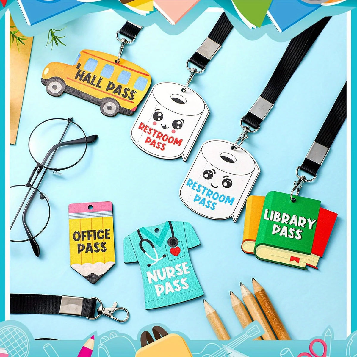 A set of six lanyards featuring various pass cards including a hall pass, restroom pass, and library pass.