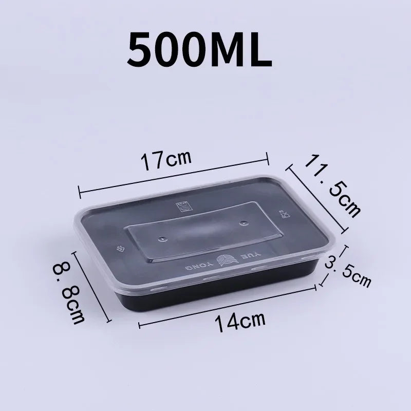 A black plastic food storage container with a lid is shown, measuring 17cm long and 8.8cm high.