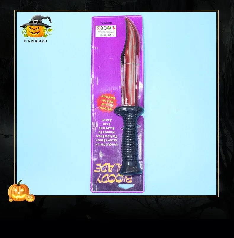 A purple box containing a realistic bloody knife Halloween prop with a black handle and a pumpkin graphic.