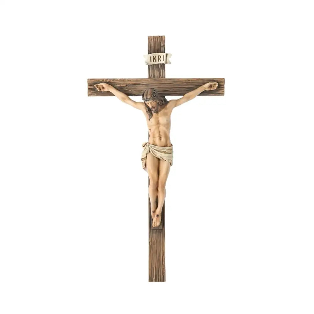 Hand-painted resin cross statue depicting Jesus Christ crucified on a wooden cross.