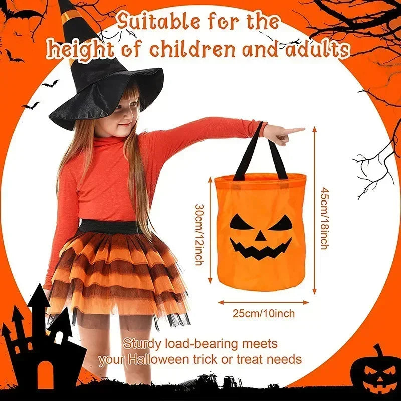 An adult woman holds an orange pumpkin tote bag with a carved face design against an orange background.