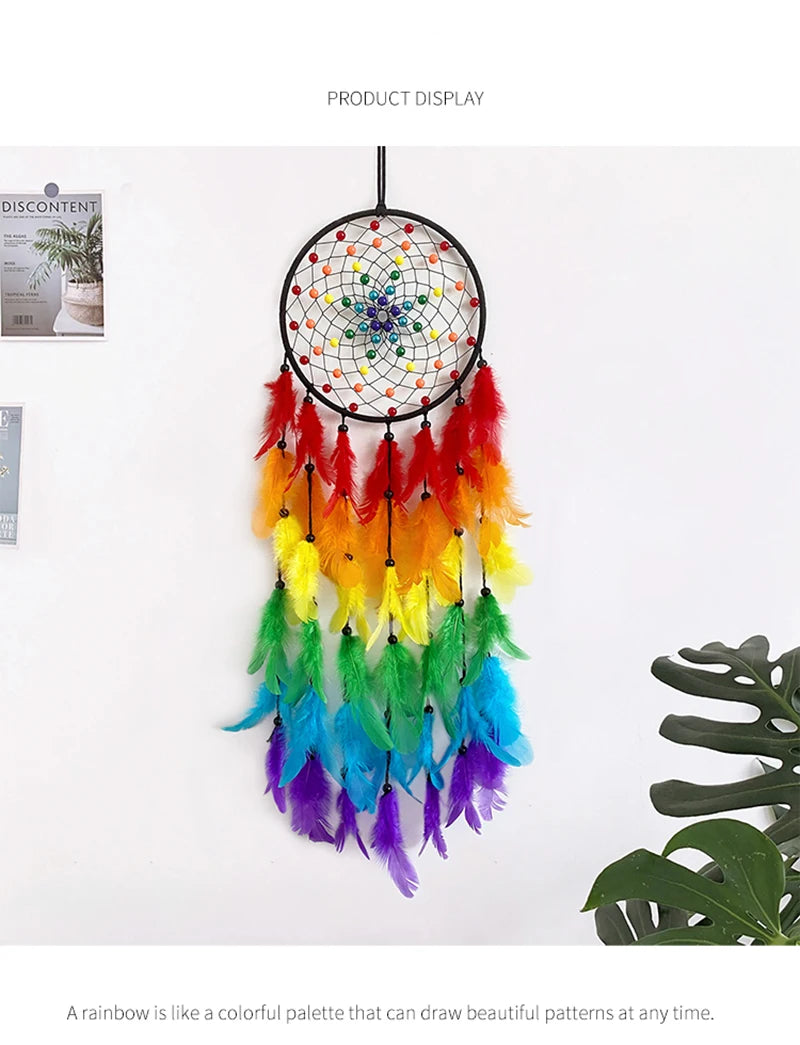 A colorful feather dream catcher wind chime decorative pendant with vibrant rainbow colors.