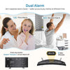 A projection alarm clock with a large LED display and FM radio is shown next to people using dual alarms.
