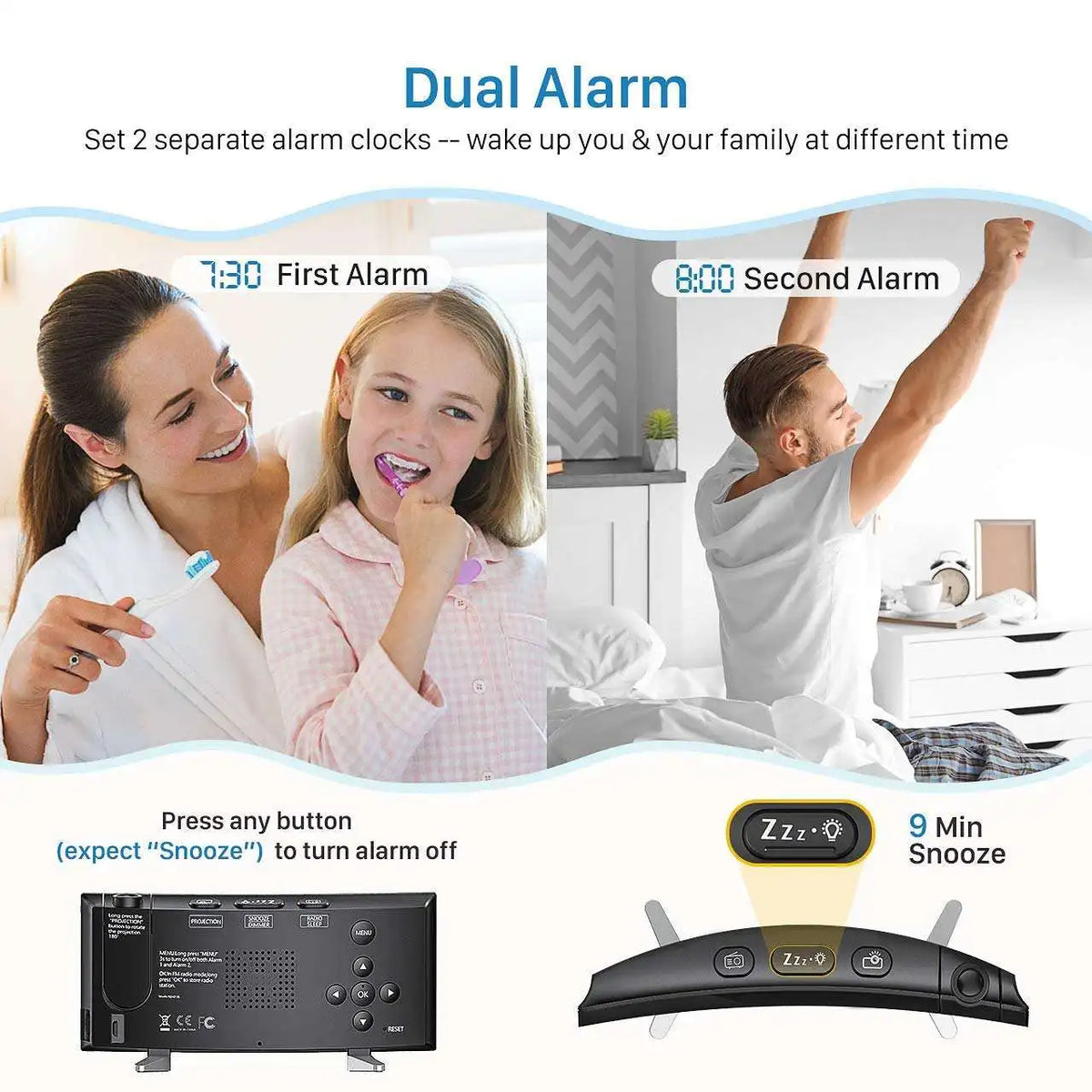A projection alarm clock with a large LED display and FM radio is shown next to people using dual alarms.