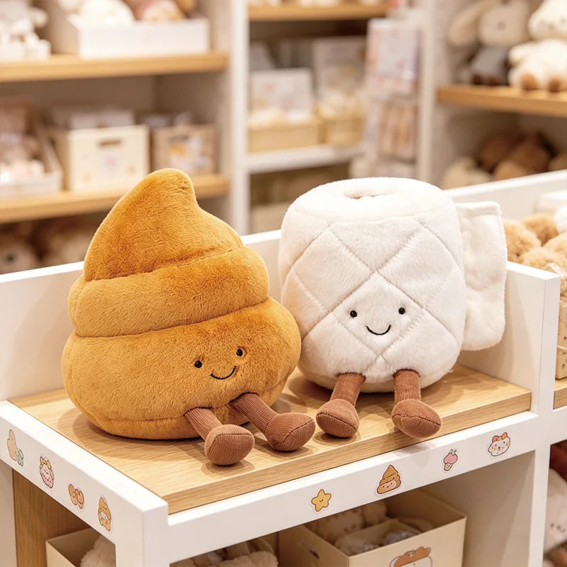 A fluffy orange and white plush toy shaped like a loaf of bread and a plunger.
