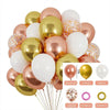 A cluster of shimmering pink, gold, and white latex balloons for parties and celebrations.