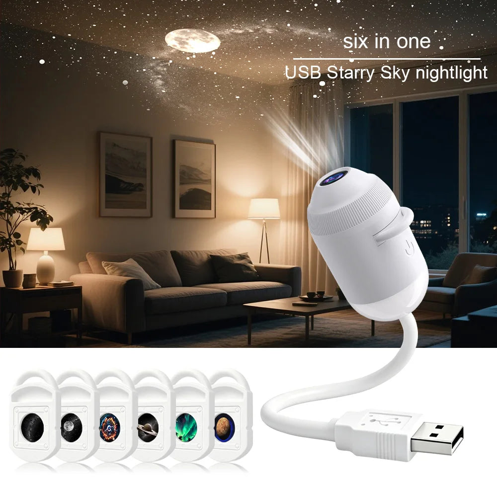 A white USB Starry Sky night light projector with a flexible neck and power cord, shown next to multiple light heads.