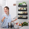 A woman demonstrates a magnetic spice rack for refrigerator, showing various spices and herbs.