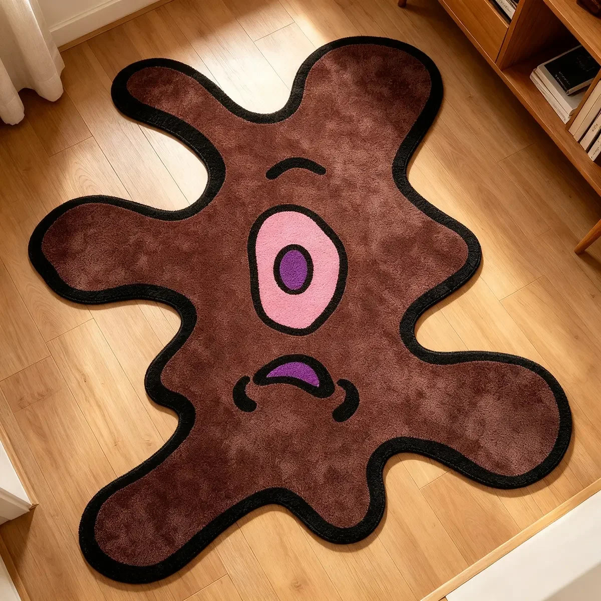 A dark brown cartoon monster rug with pink eyes and purple mouth on a light wood floor.