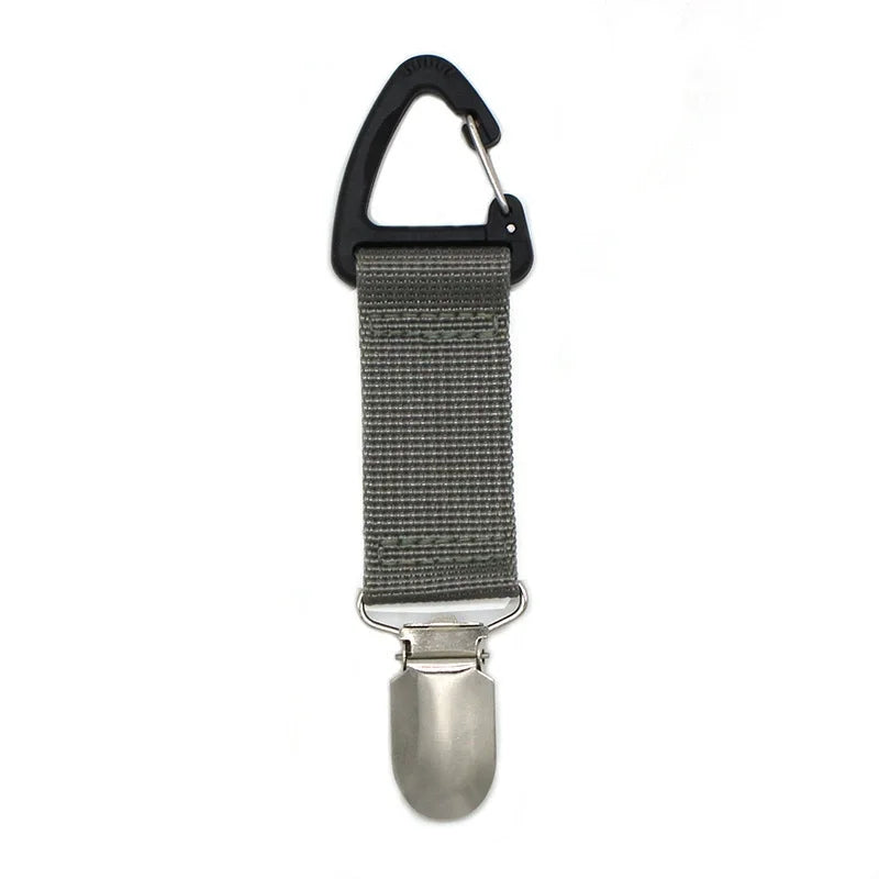 A black portable straw hat clip with a gray woven strap and a metal hook.