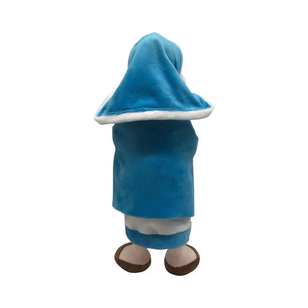 A blue plush toy set featuring a Jesus figure and a donkey, with an accompanying Mary figure.