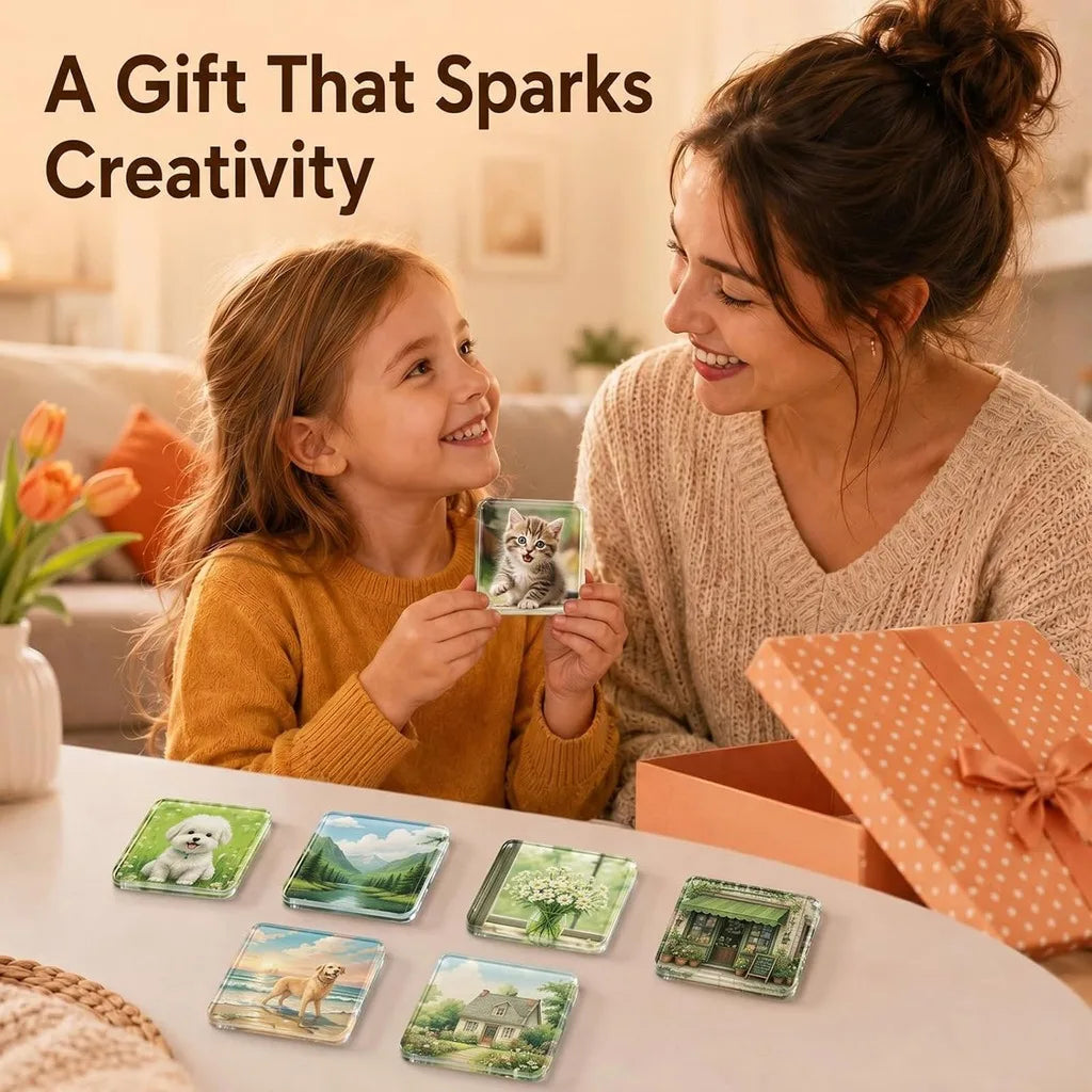 A woman and a child look at various transparent acrylic fridge magnets featuring nature scenes.