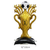 A golden foil trophy balloon shaped like a soccer trophy with a black base and a white soccer ball on top.