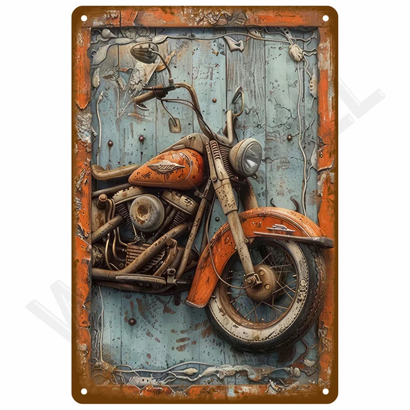 Vintage Metallwandtafel mit altem Motorrad, verwittert mit Rost und Alterspatina.