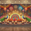A vibrant Diwali backdrop featuring ornate lanterns, festive decorations, and peacocks against a golden background.